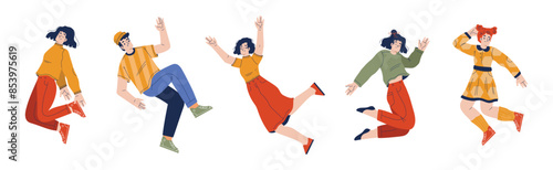 Happy and Rejoicing Jumping Man and Woman Character Cheering Vector Illustration Set