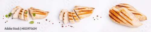 Grilled pieces of chicken breast with shadows on a white background. the grilling season. The grilled chicken slices are with a mix of pepper peas and fresh basil leaves