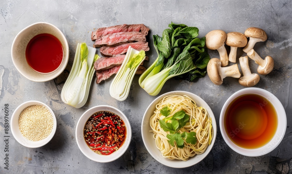 Flat lay of ingredients for bok choy and mushroom noodles Flat lay of ingredients for bok choy and mushroom noodles