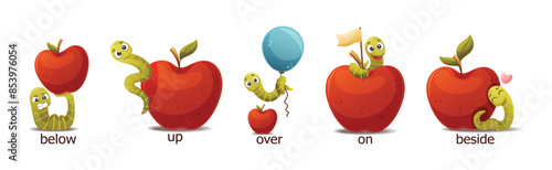 Red Apple with Green Worm as English Preposition Words Vector Set