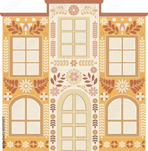 Hispanic style decorative cartoon house with folk floral ornament. Vector illustration