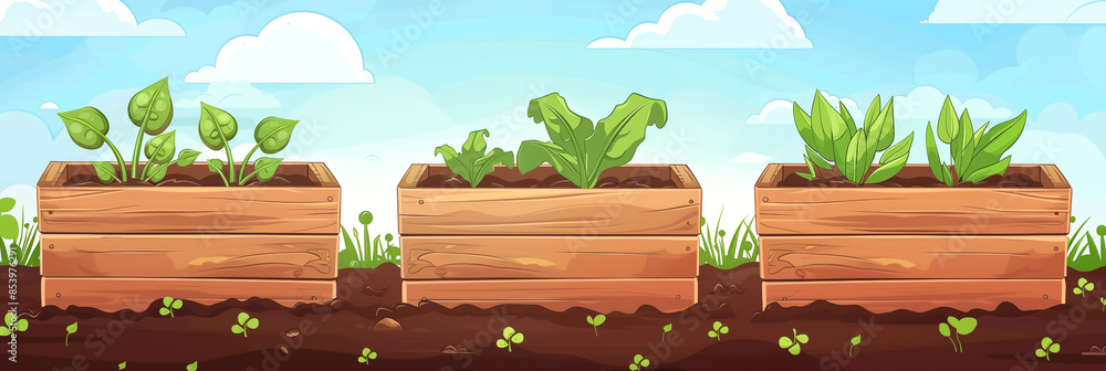 Fototapeta premium Three wooden garden planter boxes with young green plants illustrated outdoors banner. Panoramic web header. Wide screen wallpaper