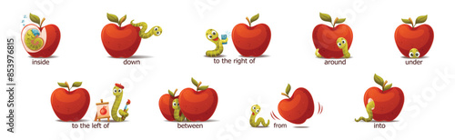 Red Apple with Green Worm as English Preposition Words Vector Set