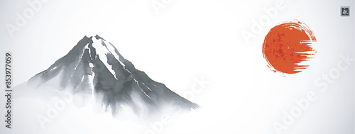 Ink painting of mount Fuji with mist and big red sun, symbol of Japan. Traditional Japanese ink wash painting sumi-e. Translation of hieroglyph - eternity