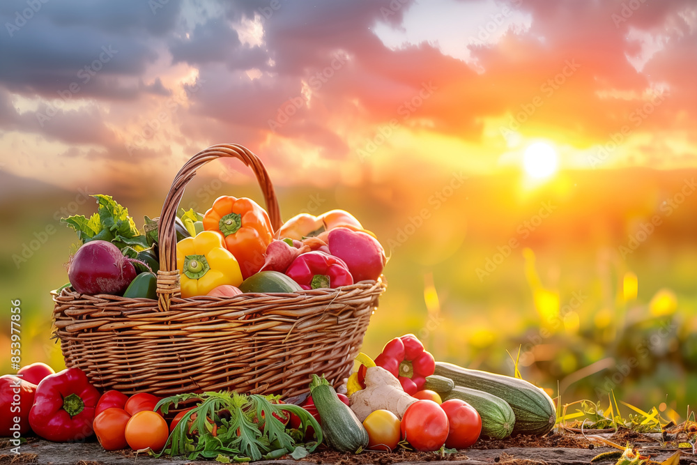 Basket of fresh vegetables including bell peppers, tomatoes, and cucumbers at sunset in garden Basket of fresh vegetables including bell peppers, tomatoes, and cucumbers at sunset in garden