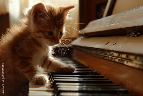 Wallpaper Mural Playful kitten enjoying sunlight on old piano in cozy room with vintage charm and artistic atmosphere Torontodigital.ca