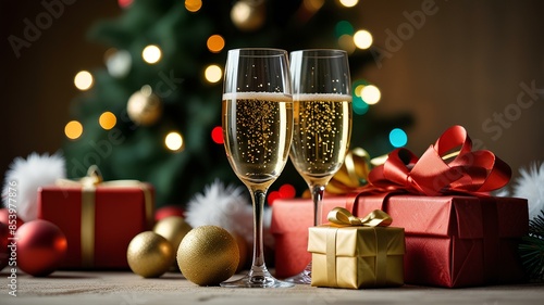glass of champagne and gift around chrismas with a chrismas tree in the background, holiday, party