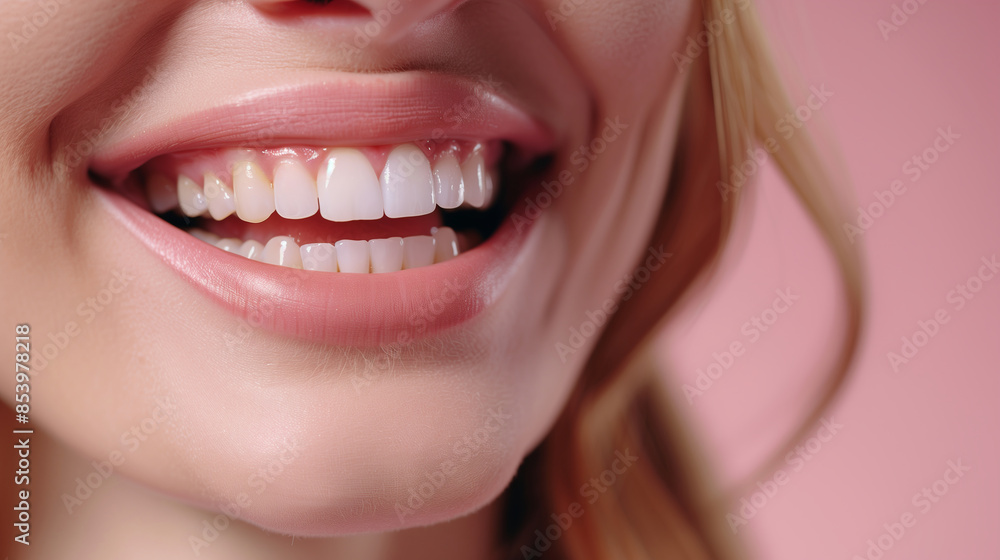 Obraz premium Close-up of a woman's smile with perfect white teeth. The pink lips are slightly parted, revealing smooth and shiny teeth. A delicate pink background that gives the image a softness