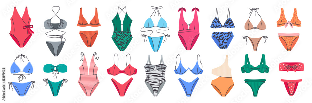 Beach swimwear. Women's colorful bikini, stylish bras and panties, one piece swimsuits, summer vacation garments flat vector illustration set. Swimwear fashion collection Beach swimwear. Women's colorful bikini, stylish bras and panties, one piece swimsuits, summer vacation garments flat vector illustration set. Swimwear fashion collection