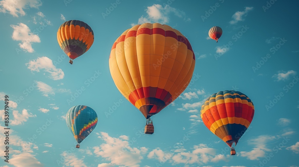 Obraz premium A vibrant hot air balloon festival with several colorful balloons floating gracefully against a blue sky and white clouds.