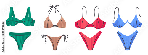 Swimming wear. Colorful bikini, stylish bras and panties, women's beach fashion swimwear flat vector illustration set. Summer vacation female garments