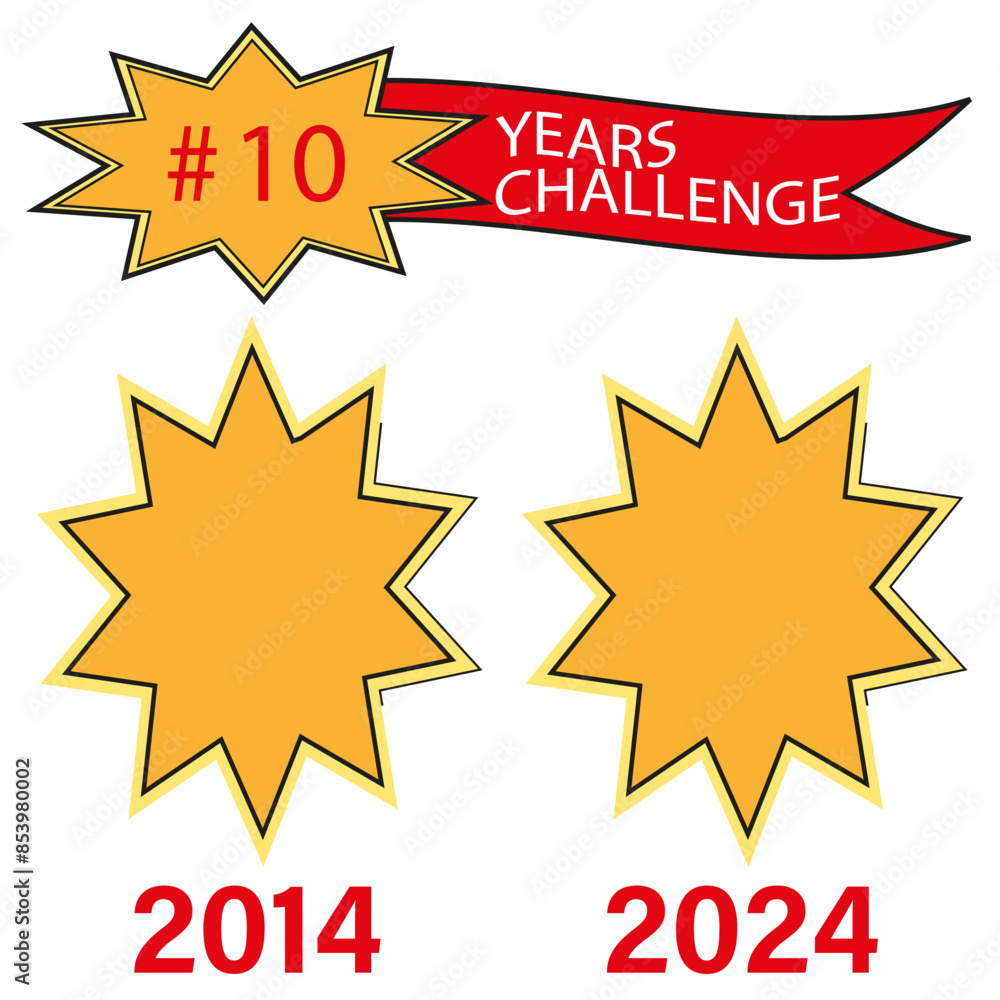 10 years challenge. Yellow stars 2014 2024. Red banner hashtag. Vector graphic. 10 years challenge. Yellow stars 2014 2024. Red banner hashtag. Vector graphic.