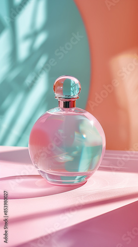 Crystal perfume bottle on pink surface with pastel background