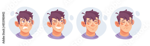 Man in Glasses Showing Different Emotion Vector Set