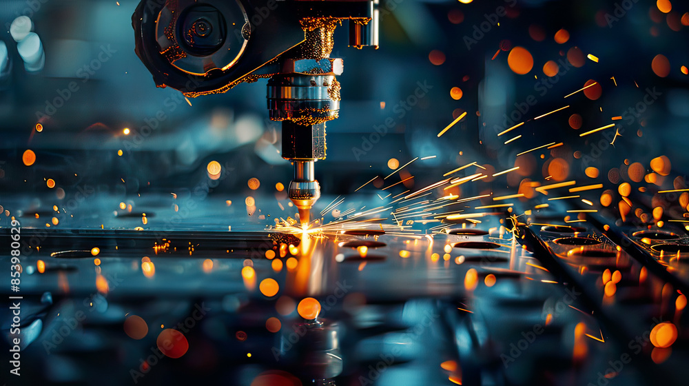 Ultra-detailed depiction of CNC gas cutting a blue steel metal sheet vivid sparks in motion detailed textures of the cutting area and intense lighting modern Ultra-detailed depiction of CNC gas cutting a blue steel metal sheet vivid sparks in motion detailed textures of the cutting area and intense lighting modern