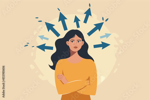 Illustration of a young woman making a decision with lots of direction arrows