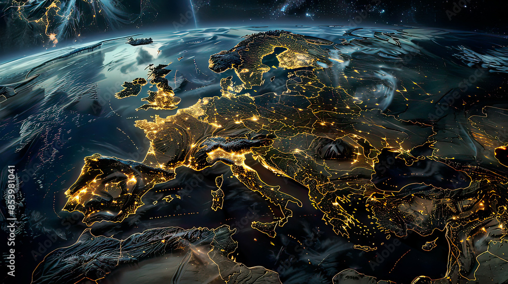 Ultra-detailed depiction of Europe from satellite perspective sharp and vivid landscapes cities illuminated colors clear atmospheric details starry space Ultra-detailed depiction of Europe from satellite perspective sharp and vivid landscapes cities illuminated colors clear atmospheric details starry space