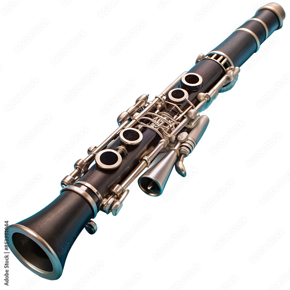 Naklejka premium Close-up image of a black clarinet showcasing its intricate keys and details against a white background, perfect for music-related content.