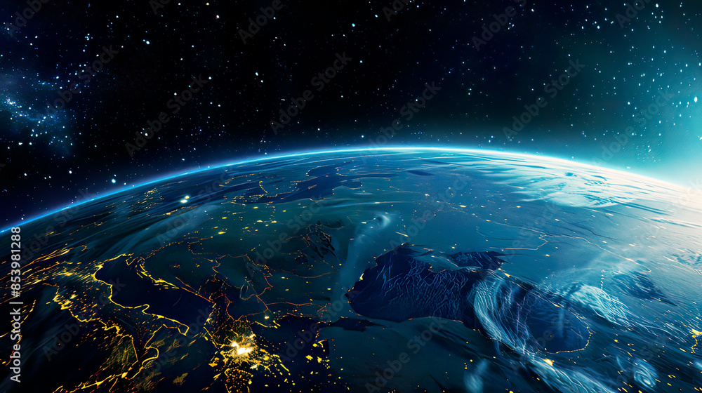 Obraz premium Ultra-detailed depiction of planet Earth from an outer space perspective showing realistic surface features and world map blue and green hues starry night sky backdrop