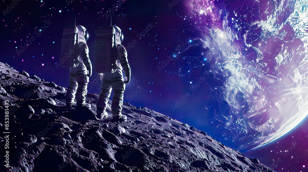 Obraz premium Ultra-detailed depiction of two astronauts standing on the moon looking at the Milky Way galaxy detailed lunar surface and starry sky and sharp colors high-tech moon colonization 