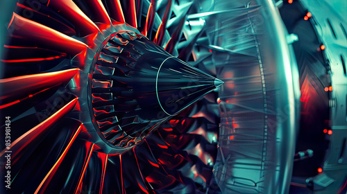 Ultra-detailed depiction of turbine blades in a turbo jet engine detailed textures and intricate design  lighting modern aviation  aerospace industry photo