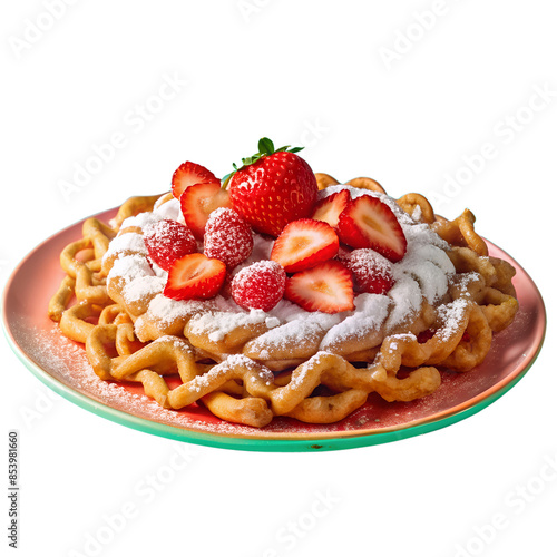 Delicious funnel cake topped with fresh strawberries and powdered sugar on a pink plate, perfect dessert for any occasion.