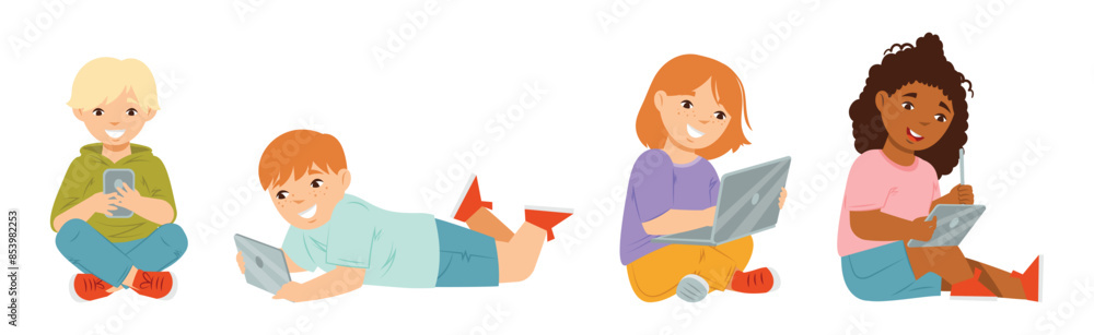 Happy Kid Use Tablet and Smartphone Mobile Gadget Vector Set Happy Kid Use Tablet and Smartphone Mobile Gadget Vector Set