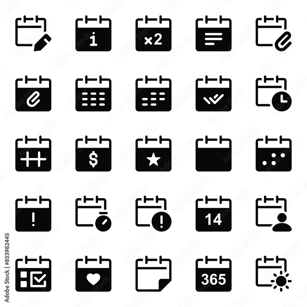 Glyph icons set for Calendar, agenda, event. Glyph icons set for Calendar, agenda, event.