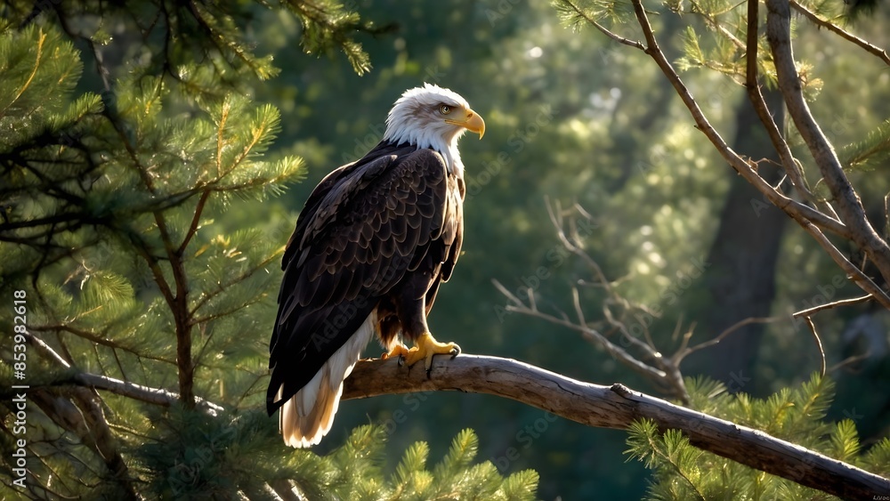Obraz premium American bald eagle perched on the tree branch 