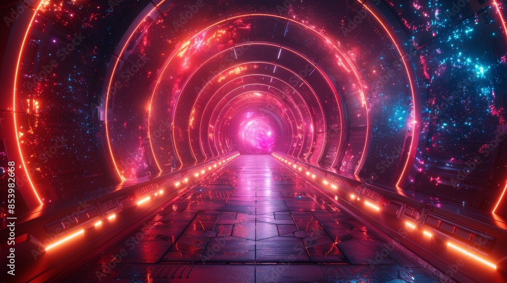 Obraz premium This image depicts a circular tunnel with a sci-fi galaxy theme and cosmic colors blending together