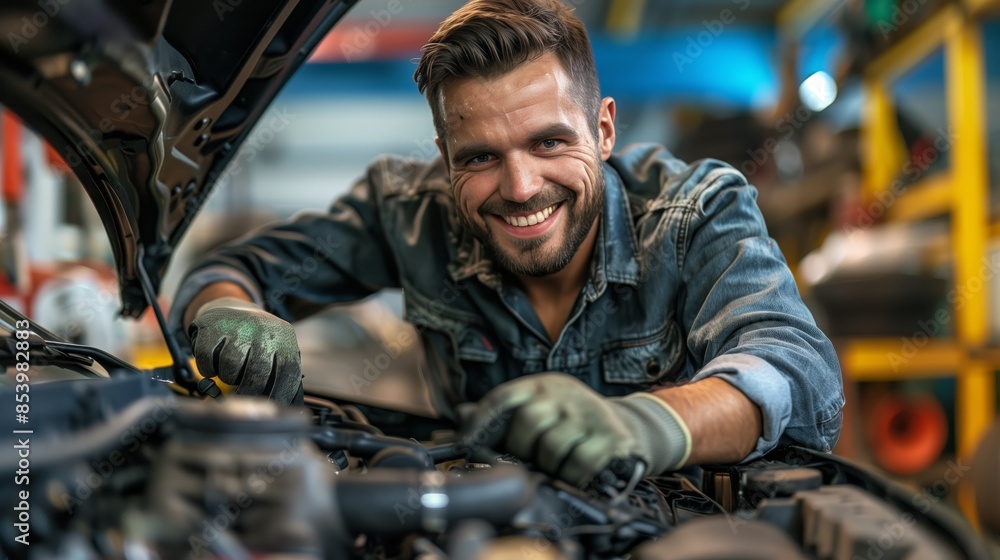 A mechanical engineer is repairing the car in the garage A mechanical engineer is repairing the car in the garage