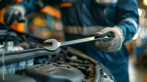 A mechanical engineer is repairing the car in the garage photo