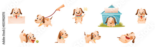 Cute Dog with Collar as Domestic Pet Engaged in Different Activity Vector Set