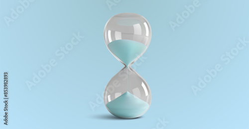 Minimalist Hourglass with Blue Sand on Light Background. Minimalist hourglass filled with blue sand, set against a light blue background. Symbolizing time, patience. Vector