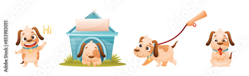 Cute Dog with Collar as Domestic Pet Engaged in Different Activity Vector Set