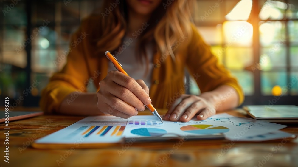 Fototapeta premium Woman working on colorful graphs and charts in cozy office environment. Business analytics and data visualization concept.