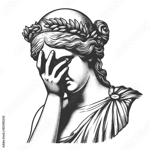 classical statue with a facepalm expression, frustration or disappointment in detailed line art sketch engraving generative ai vector illustration. Scratch board imitation. Black and white image.
