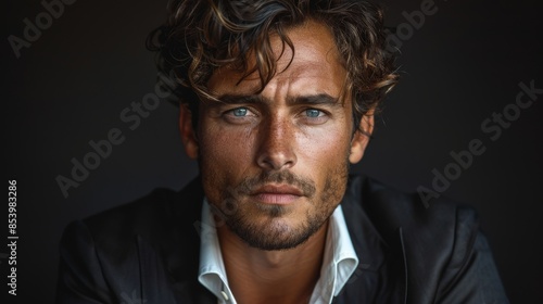 A high-definition close-up portrait of a man with piercing blue eyes, dark hair, and a shadow of a beard © svastix