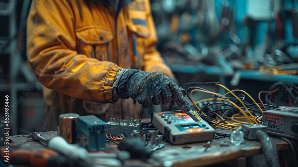 Close up of an electrician using digital multimeter Close up of an electrician using digital multimeter