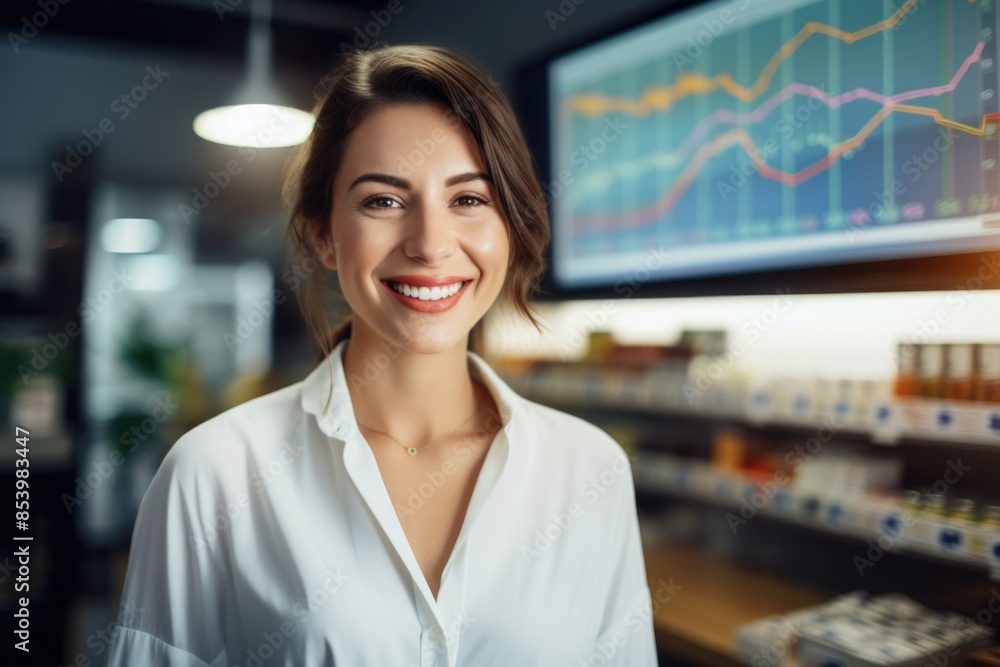 business person in a company interior with a chart background business person in a company interior with a chart background