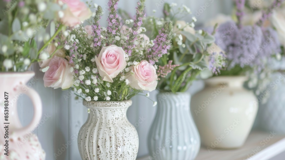 A close-up view of pink roses and babys breath arranged in ceramic vases, showcasing a soft, romantic ambiance. A close-up view of pink roses and babys breath arranged in ceramic vases, showcasing a soft, romantic ambiance.