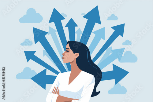 Illustration of a young woman making a decision with lots of direction arrows