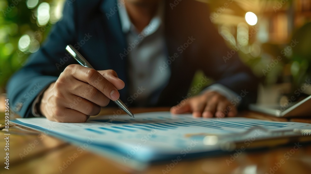 Close-up of a business professional analyzing financial documents with a pen, showcasing careful planning and strategy in a modern office environment. Close-up of a business professional analyzing financial documents with a pen, showcasing careful planning and strategy in a modern office environment.