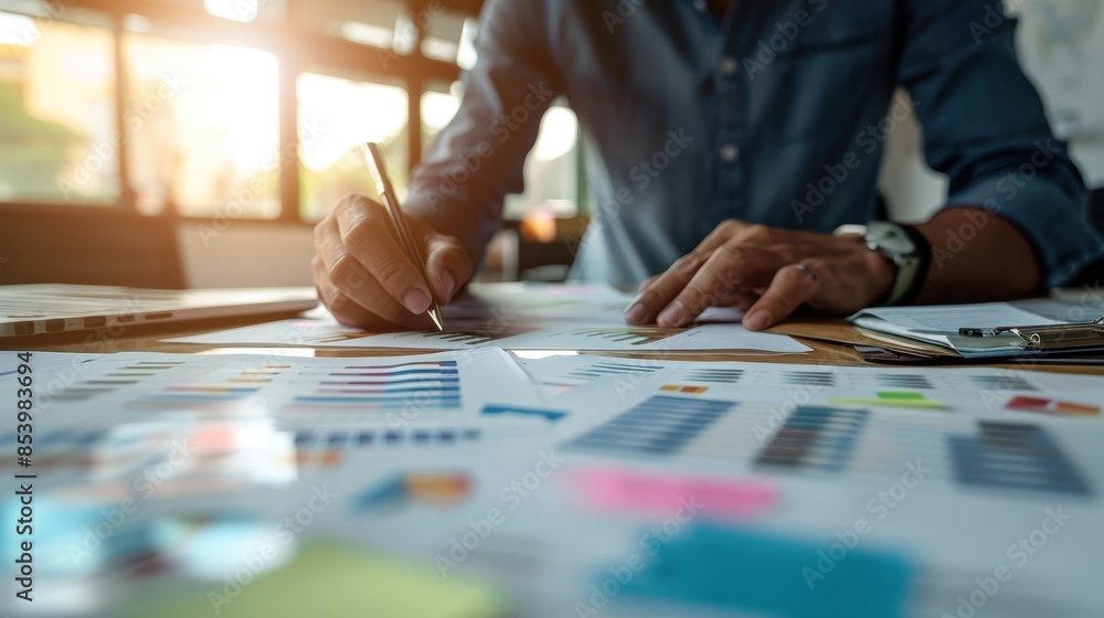 Close-up of a person analyzing data and creating reports at a desk, surrounded by charts and documents, in an office environment. Close-up of a person analyzing data and creating reports at a desk, surrounded by charts and documents, in an office environment.