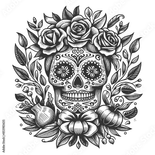 decorated sugar skull surrounded by roses, symbolizing Day of the Dead sketch engraving generative ai vector illustration. Scratch board imitation. Black and white image.