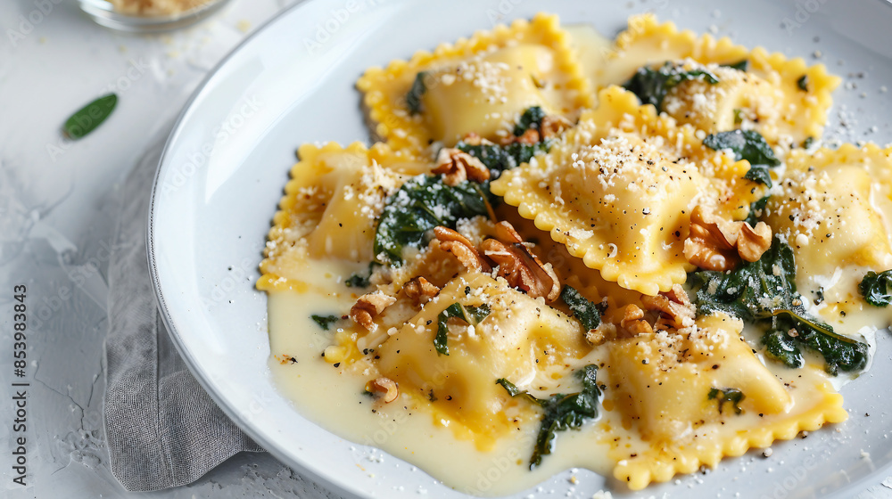 Delightful Roasted Pumpkin Parmesan Ravioli with Cavolo Nero and Sage Cream Sauce Stock Photo Delightful Roasted Pumpkin Parmesan Ravioli with Cavolo Nero and Sage Cream Sauce Stock Photo