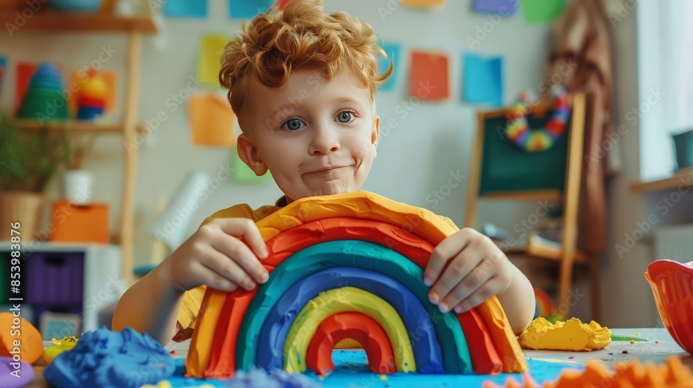 Creative kid making rainbow out of moulding clay. Creative kid making rainbow out of moulding clay.