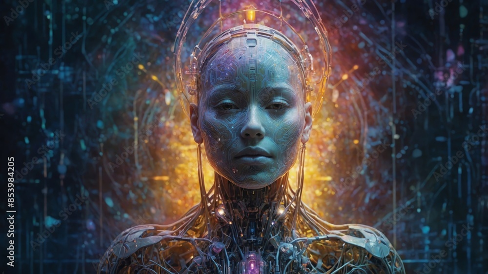 A female, half human, half robot head as representation of AI or technological
progress. Generative AI. A female, half human, half robot head as representation of AI or technological
progress. Generative AI.