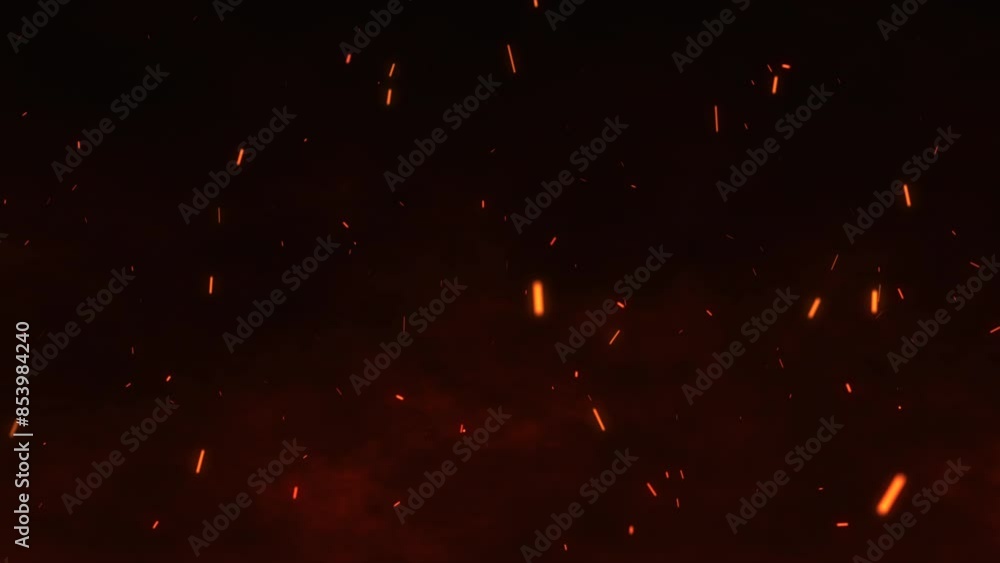Bright glowing fire particles rising fast in a fiery sky with smoke. Fire flakes and bonfire background. Fire particles moving fast with the wind. Hot burning fire sparks and ashes motion. 4k.