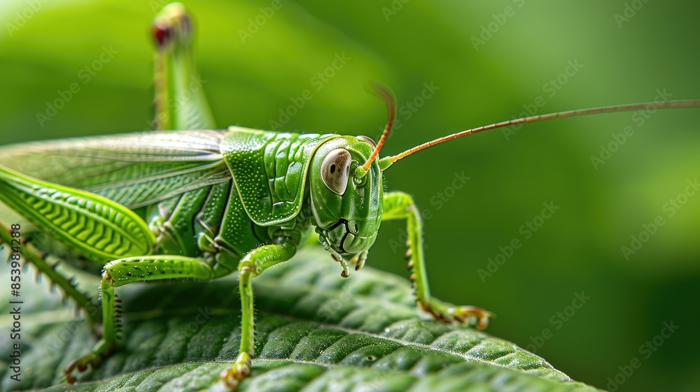Close-up of vibrant green grasshopper on leaf Close-up of vibrant green grasshopper on leaf